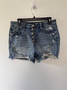Judy Blue Medium Blue Distressed High-Rise Button-Fly Denim Shorts
